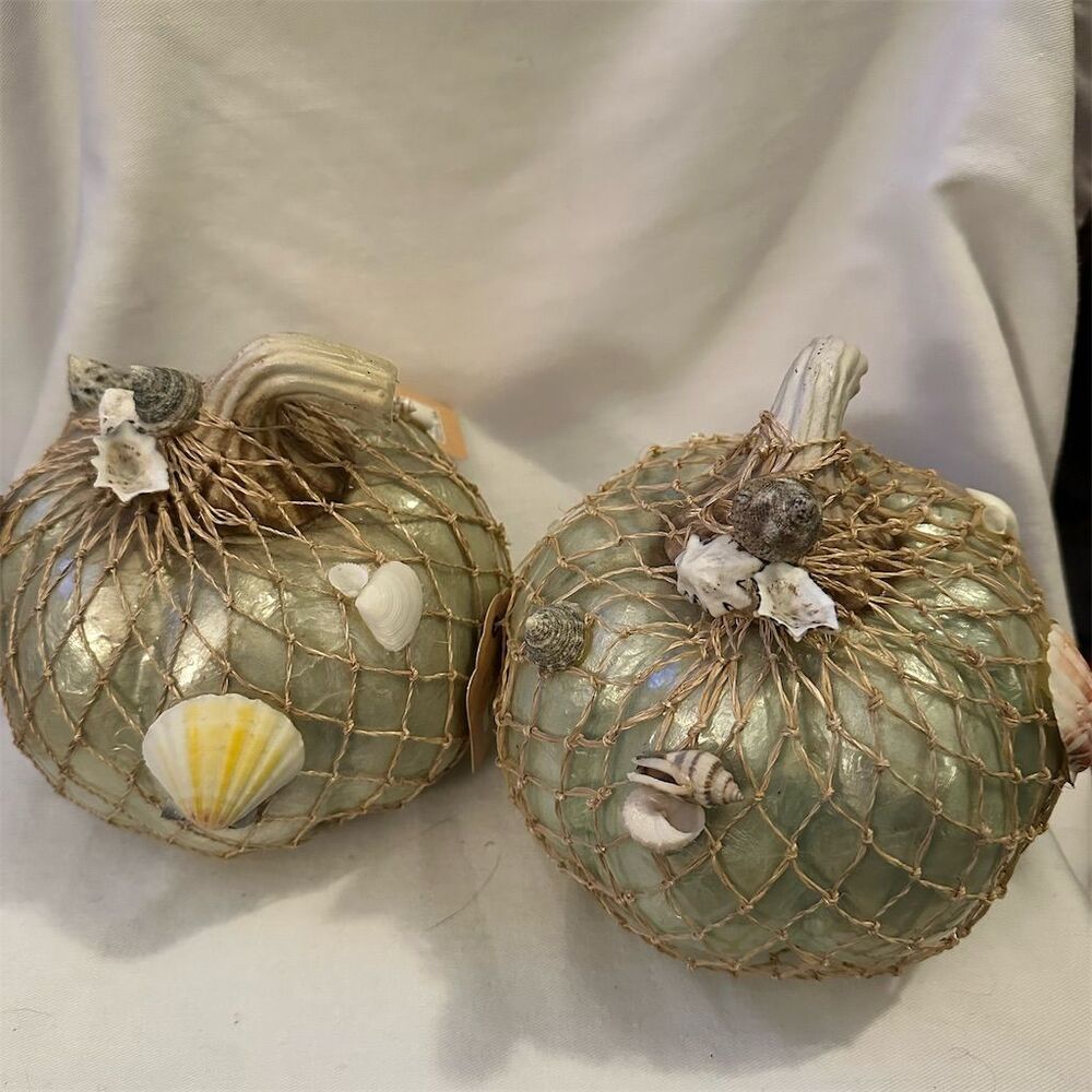 Set of 2 Multicolor Pumpkin Fishing Floats with Seashell Accents